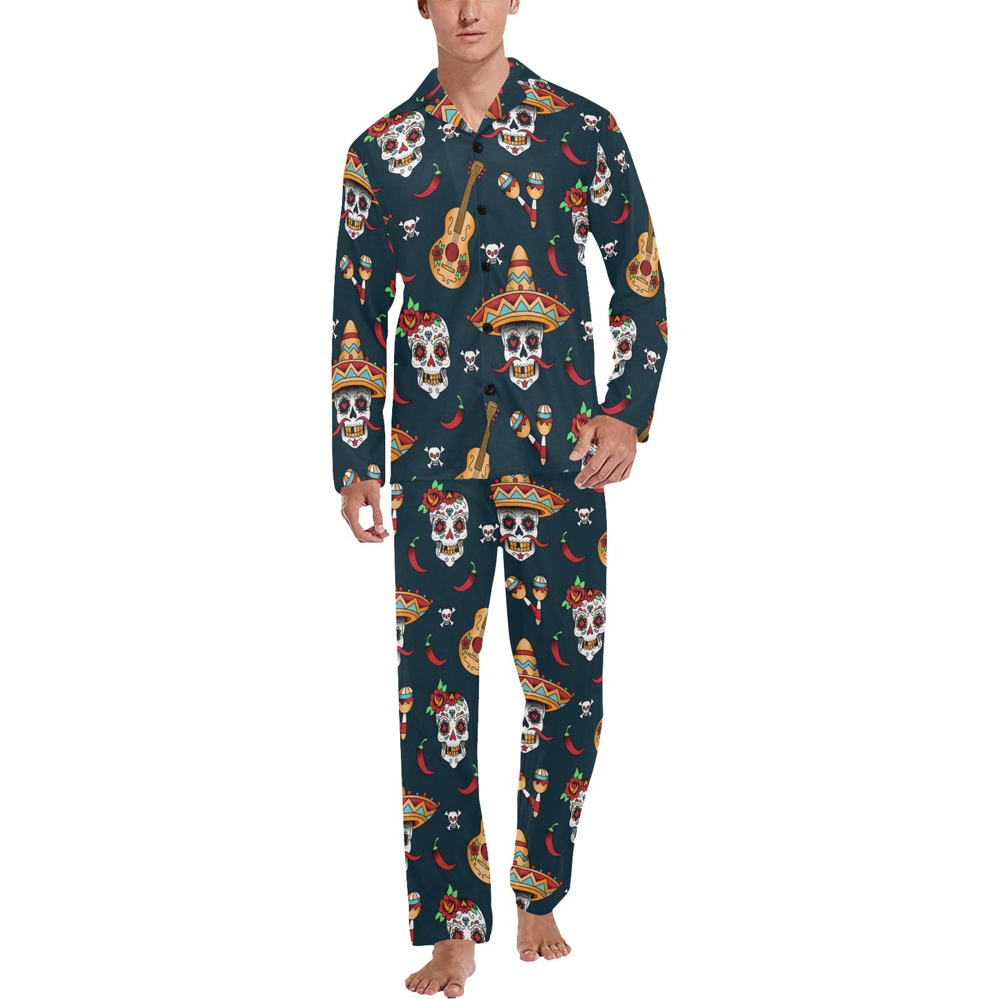 sugar skull Mexican Men's Long Pajama Set
