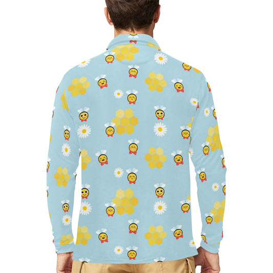Bee Cute Print Design LKS304 Long Sleeve Polo Shirt For Men's