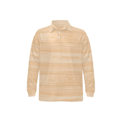 Wood Texture Print Design LKS302 Long Sleeve Polo Shirt For Men's