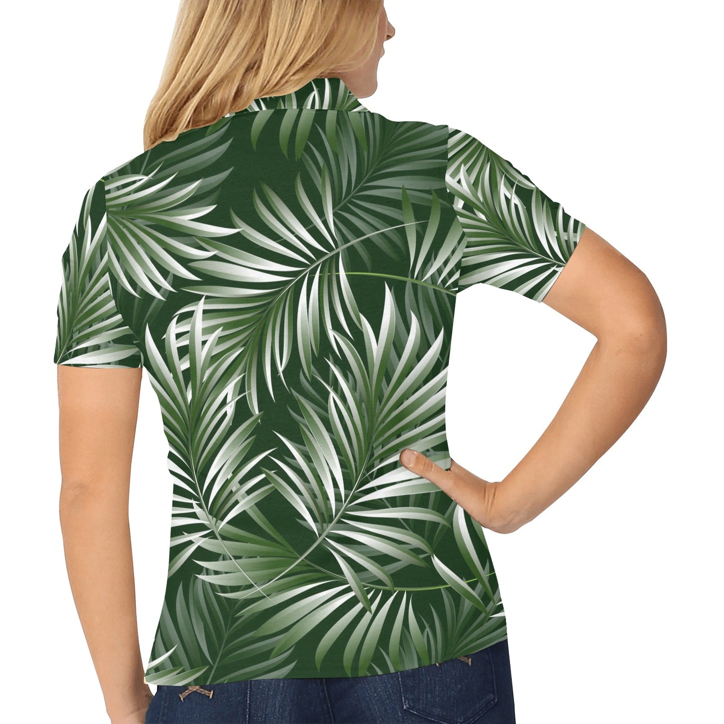 White Green Tropical Palm Leaves Women's Polo Shirt