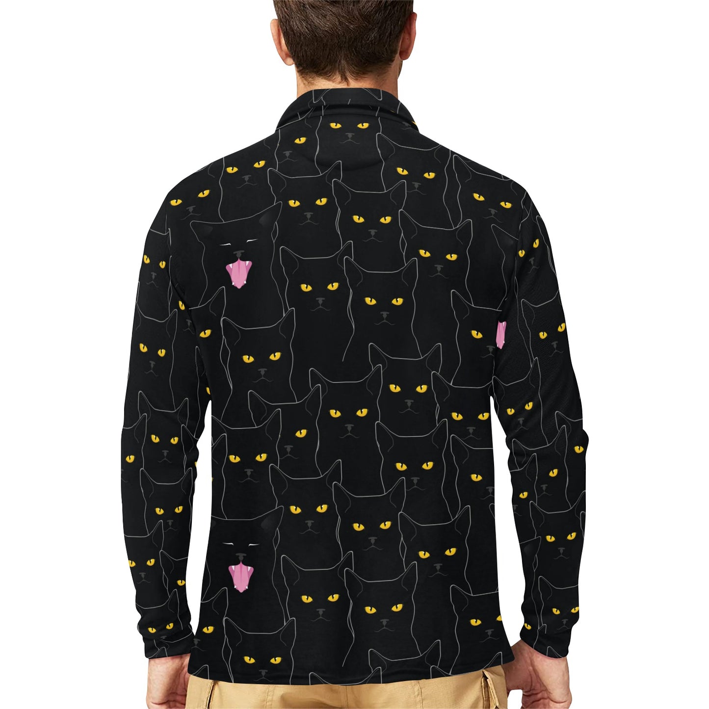 Black Cat Yellow Eyes Print Pattern Long Sleeve Polo Shirt For Men's