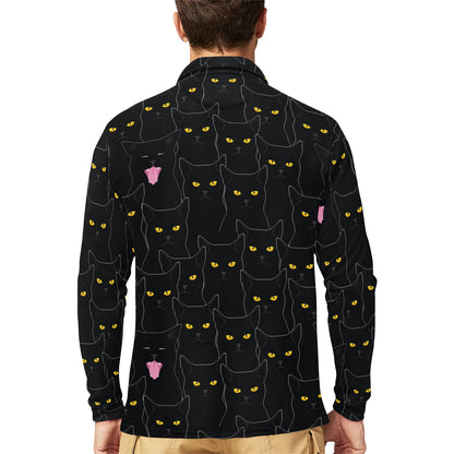 Black Cat Yellow Eyes Print Pattern Long Sleeve Polo Shirt For Men's