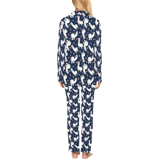 Alpaca Heart Star Design Themed Print Women's Long Pajama Set
