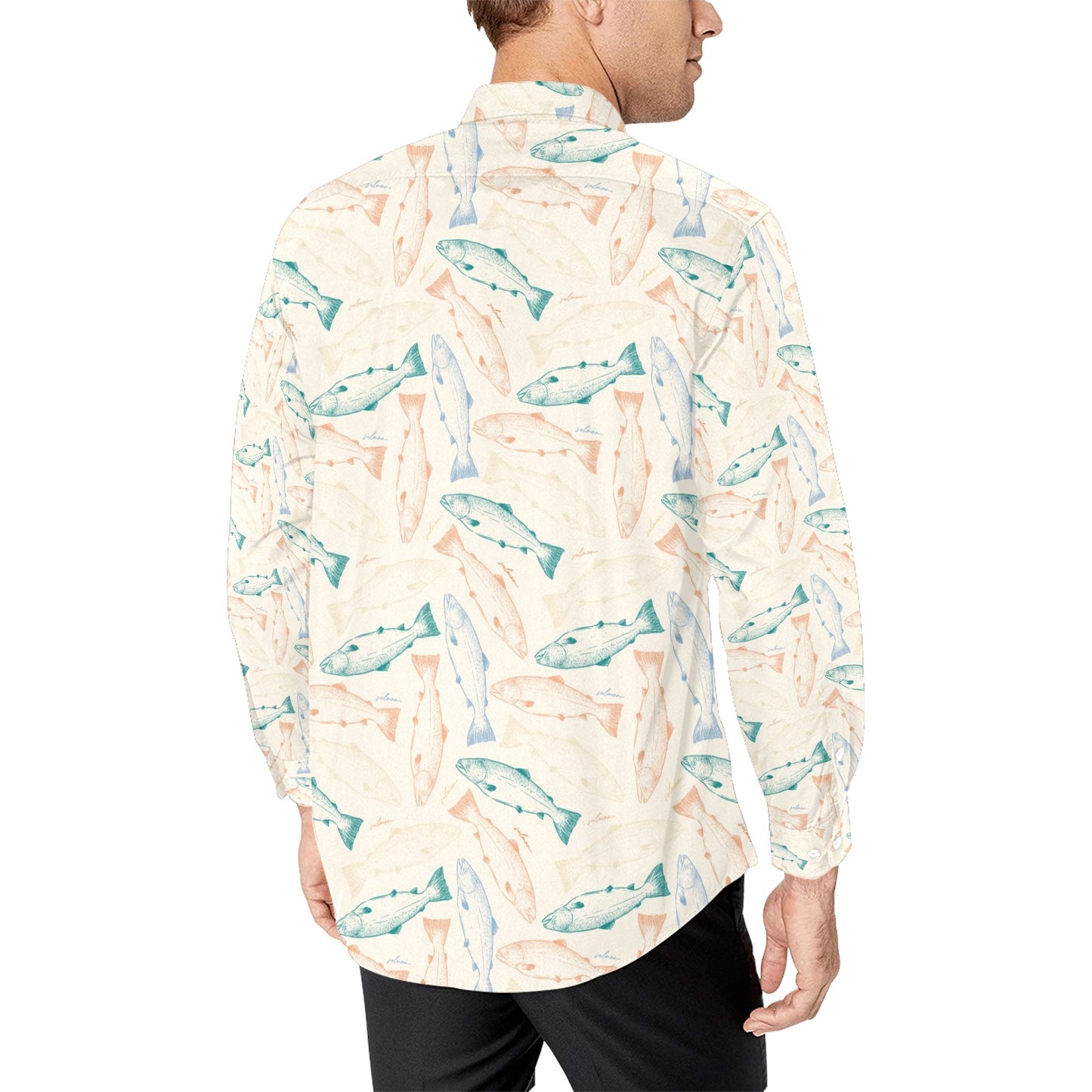 Salmon Fish Print Design LKS305 Men's Long Sleeve Dress Shirt