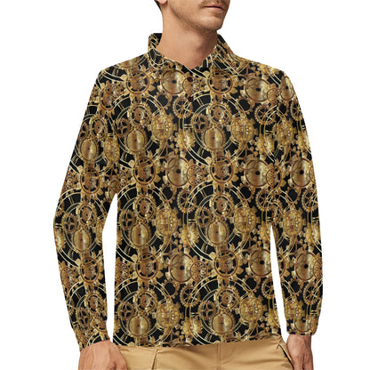 Steampunk Gear Design Themed Print Long Sleeve Polo Shirt For Men's