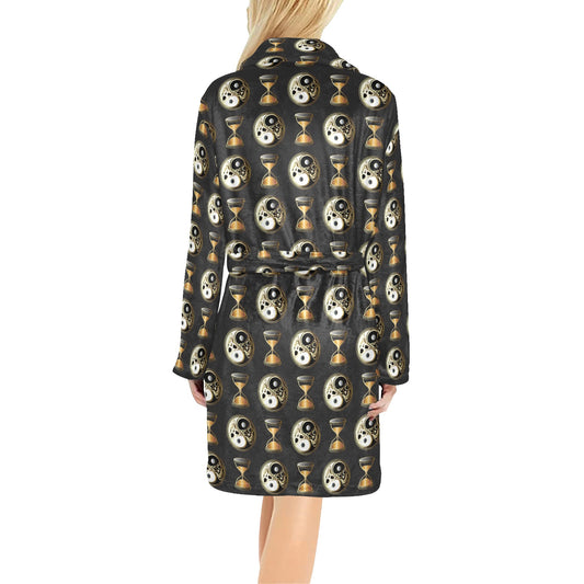 Yin Yang Skull Themed Design Print Women's Fleece Robe