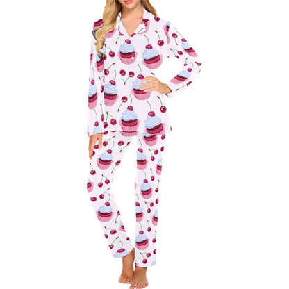 Cherry Cupcake Pink Pattern Women's Long Pajama Set