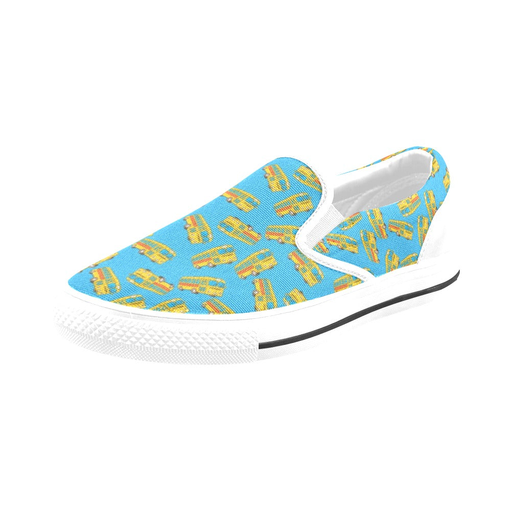 School Bus Print Design LKS302 White Slip Ons Canvas Women's Shoes