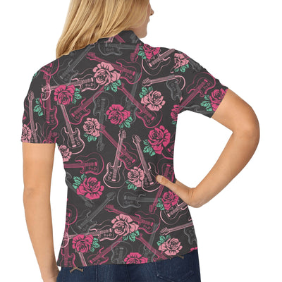 Bass Guitar Pink Rose Pattern Print Design 01 Women's Polo Shirt