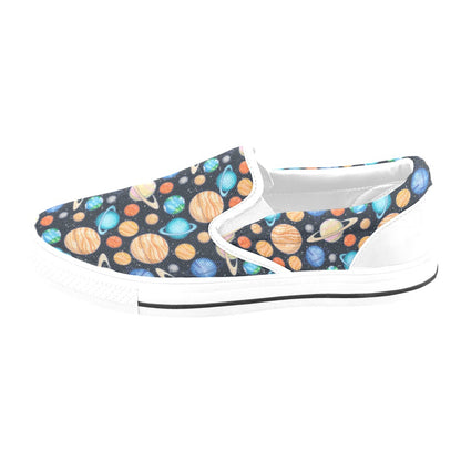 Planet Colorful Print Design LKS301 White Slip Ons Canvas Women's Shoes