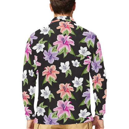 Lily Pattern Print Design LY02 Long Sleeve Polo Shirt For Men's