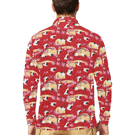 Crane Pattern Print Design 04 Long Sleeve Polo Shirt For Men's