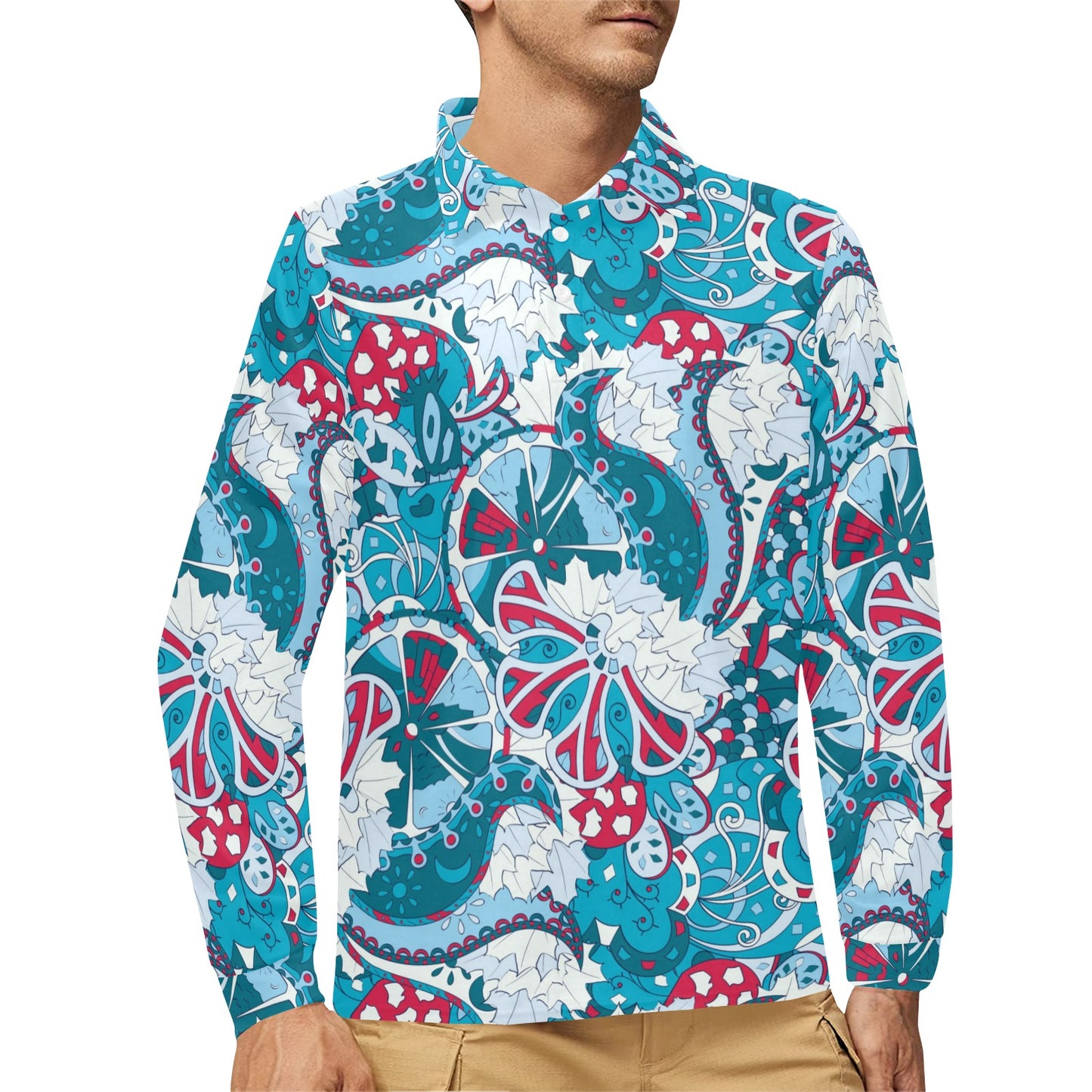 Funky Retro Pattern Print Design A05 Long Sleeve Polo Shirt For Men's