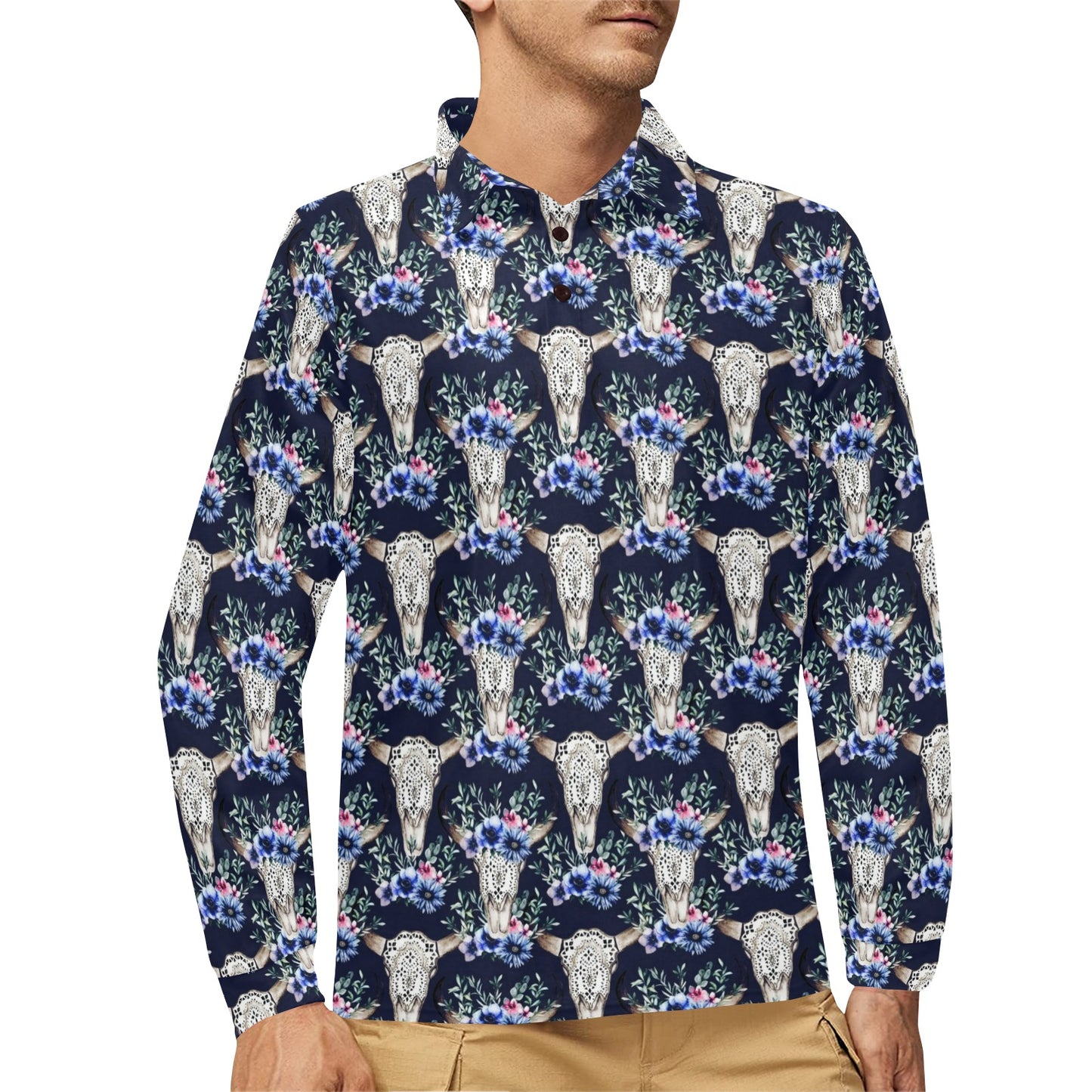 Buffalo Head Print Design LKS402 Long Sleeve Polo Shirt For Men's