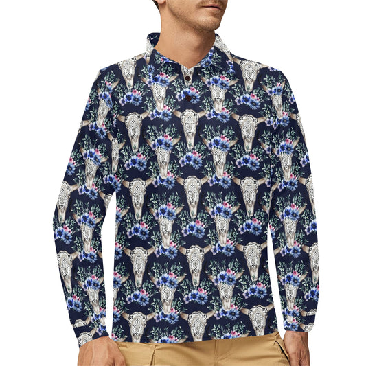 Buffalo Head Print Design LKS402 Long Sleeve Polo Shirt For Men's