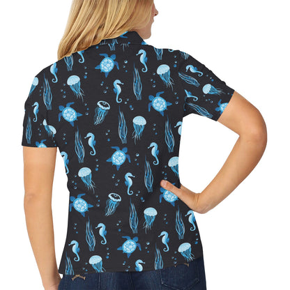 Sea Turtle Jelly Fish Sea Horse Print Design LKS3014 Women's Polo Shirt