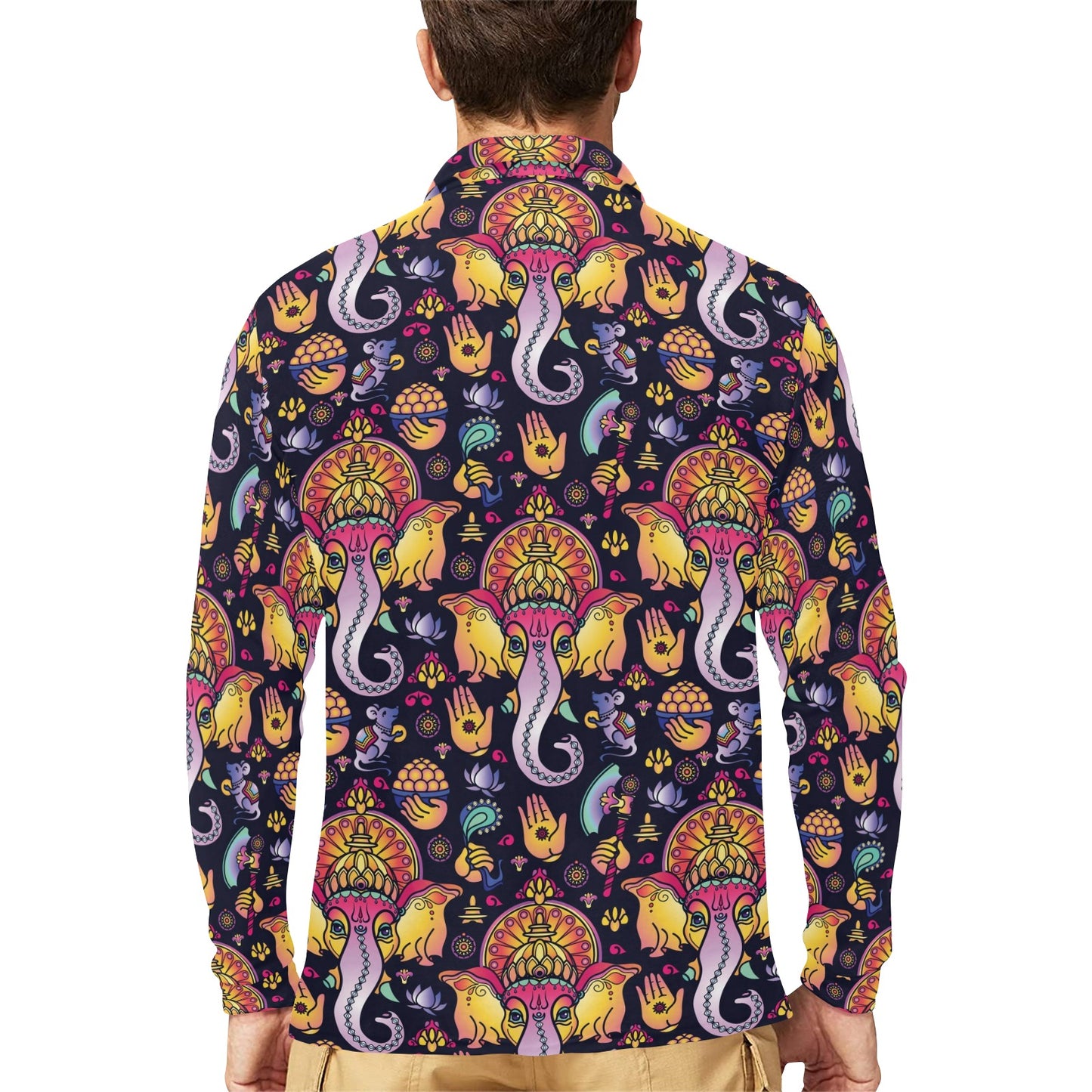 Ganesha Indian Pattern Print Design 03 Long Sleeve Polo Shirt For Men's
