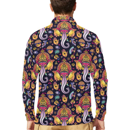 Ganesha Indian Pattern Print Design 03 Long Sleeve Polo Shirt For Men's