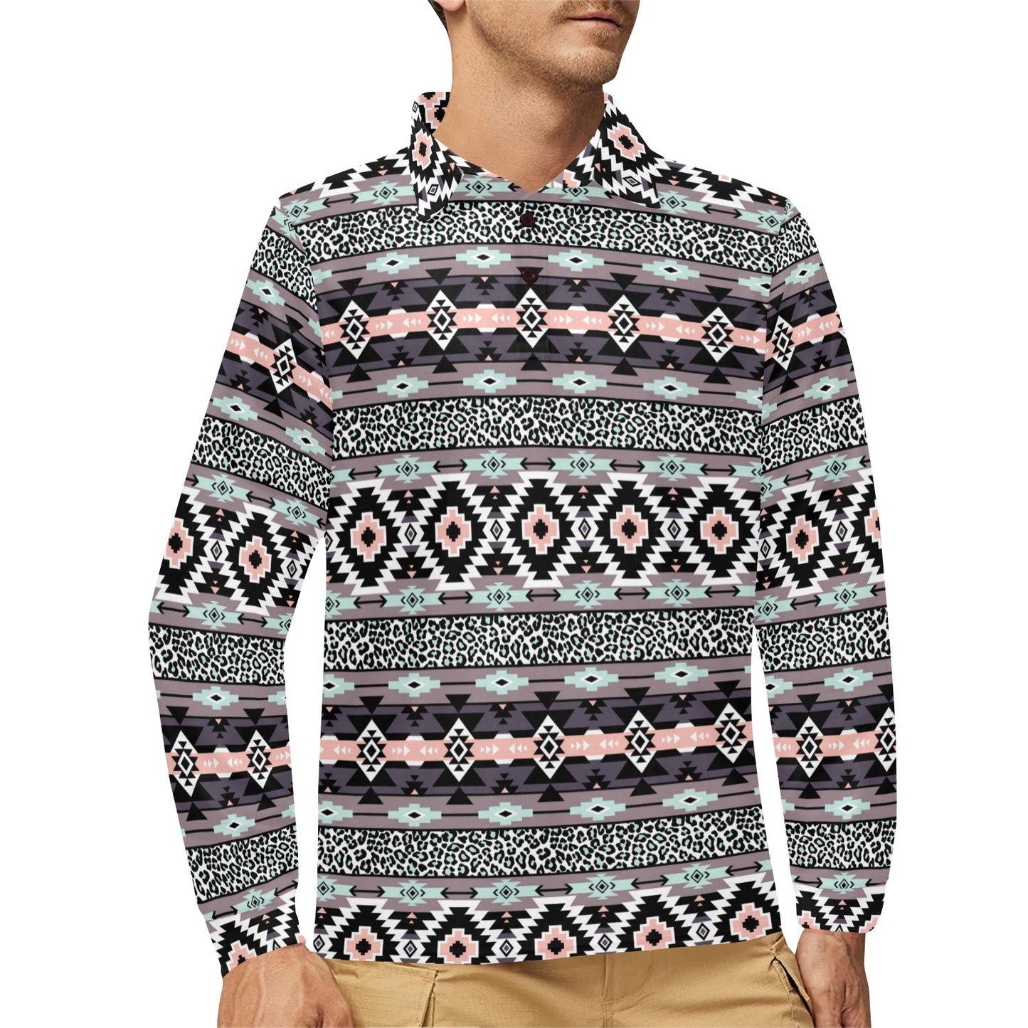 Safari Pattern Print Design LKS302 Long Sleeve Polo Shirt For Men's