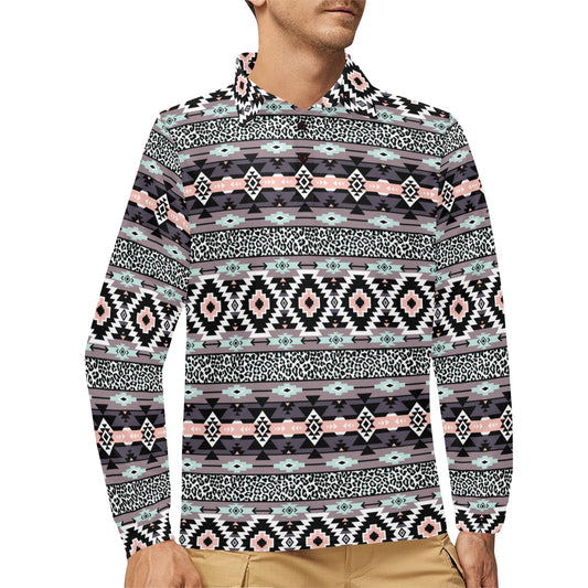 Safari Pattern Print Design LKS302 Long Sleeve Polo Shirt For Men's