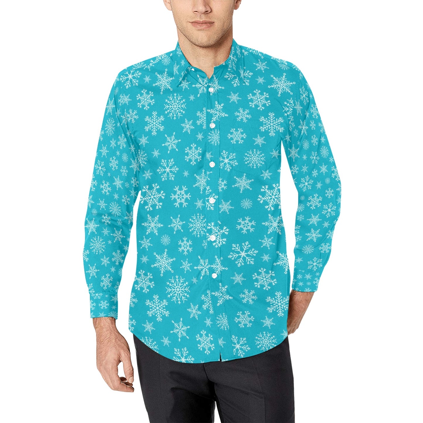 Snowflake Print Design LKS304 Men's Long Sleeve Dress Shirt