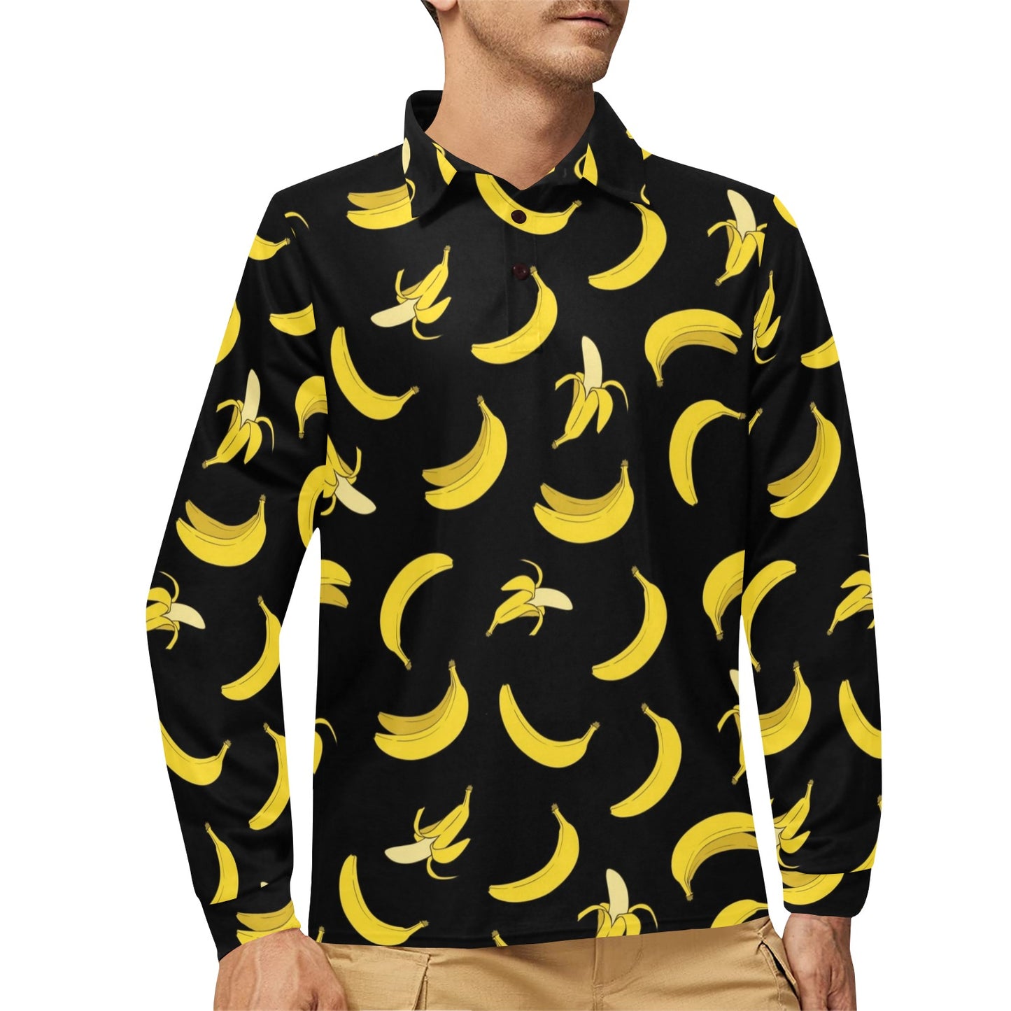 Banana Pattern Print Design BA05 Long Sleeve Polo Shirt For Men's