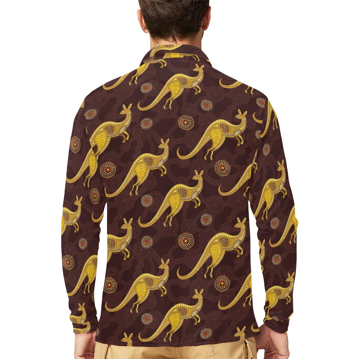 Kangaroos Aboriginal Pattern Print Design 08 Long Sleeve Polo Shirt For Men's