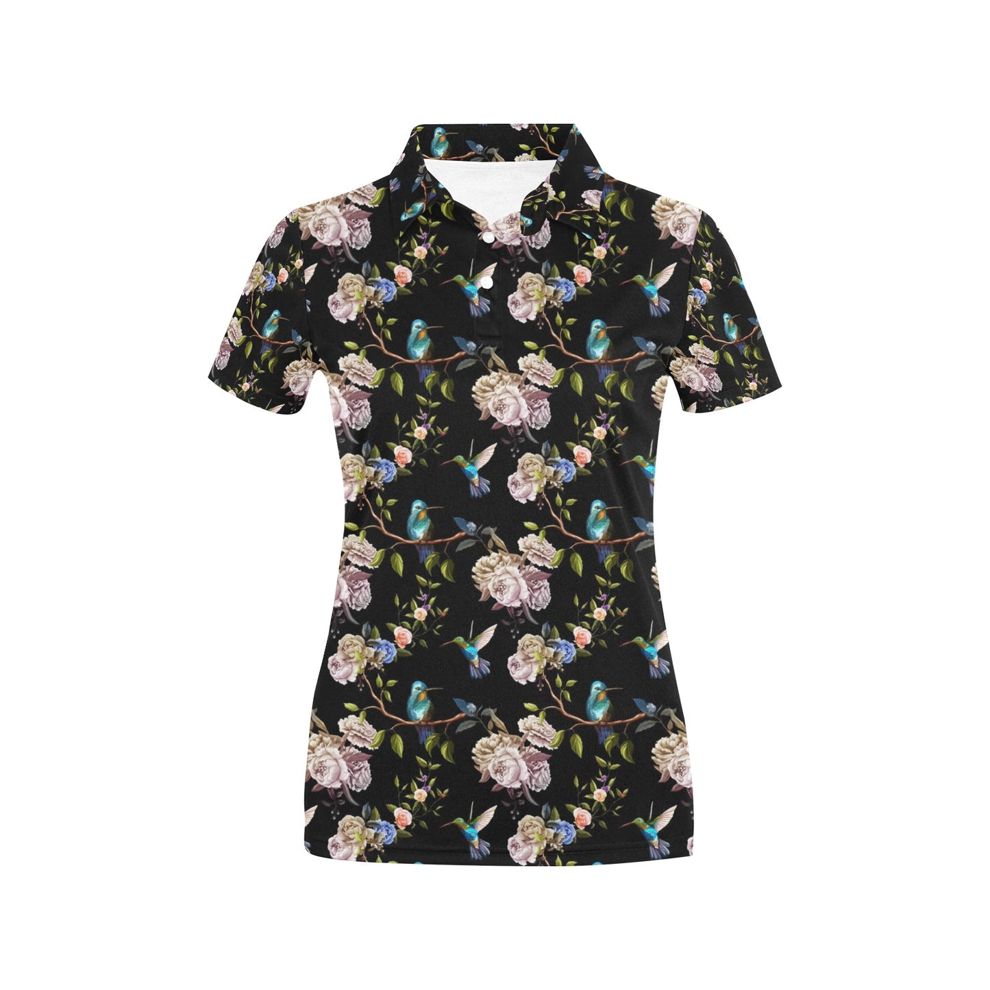 Hummingbird Flower Themed Print Women's Polo Shirt