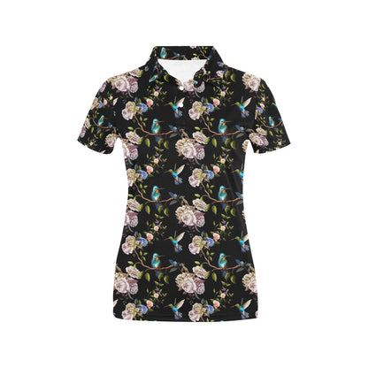 Hummingbird Flower Themed Print Women's Polo Shirt