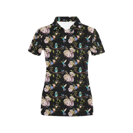 Hummingbird Flower Themed Print Women's Polo Shirt