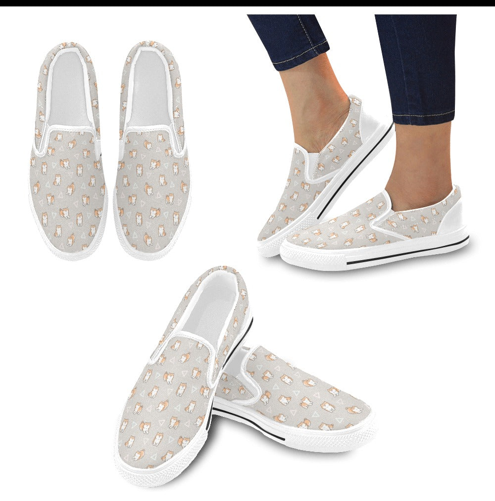 Shiba Inu Print Design LKS307 White Slip Ons Canvas Women's Shoes