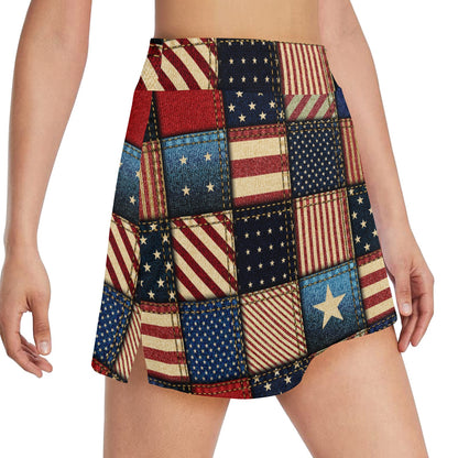 American flag Patchwork Design 17" Golf & Pickleball Skort with Pockets