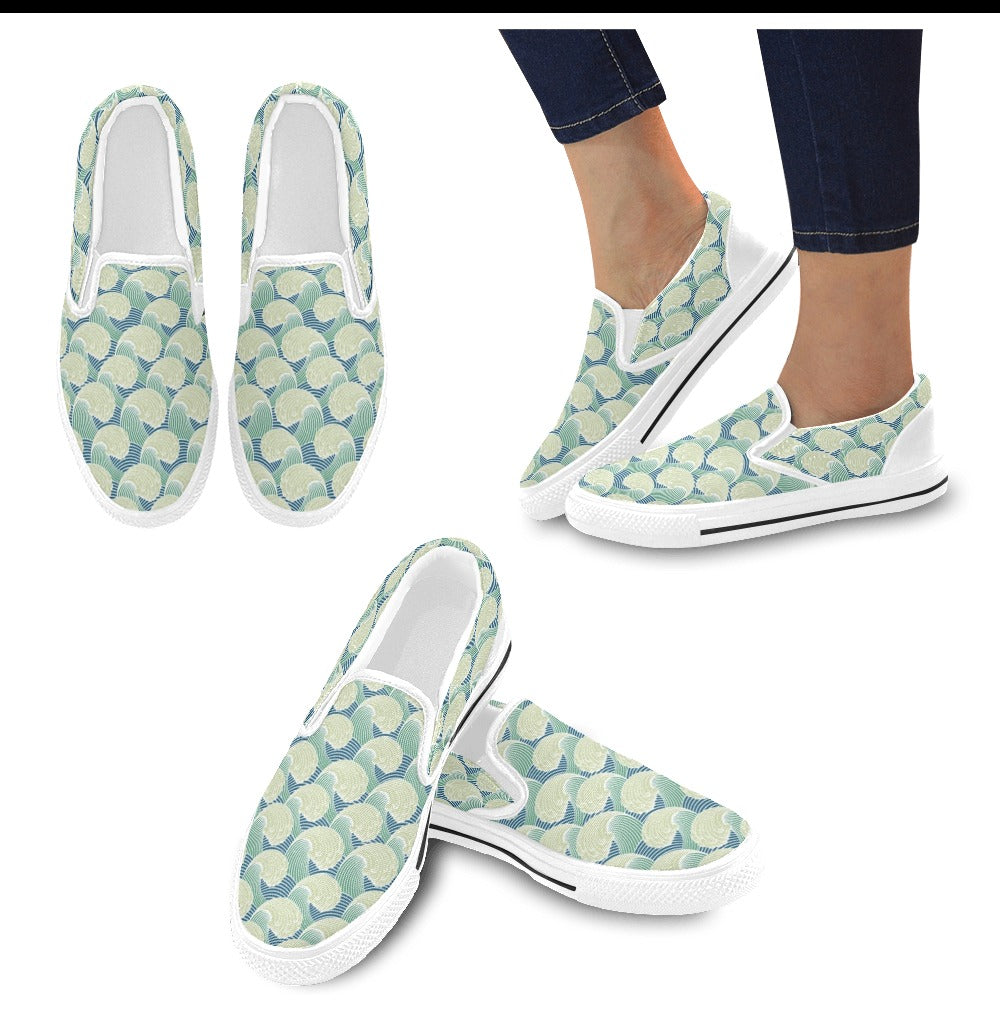 Wave Japan Style Print Design LKS302 White Slip Ons Canvas Women's Shoes