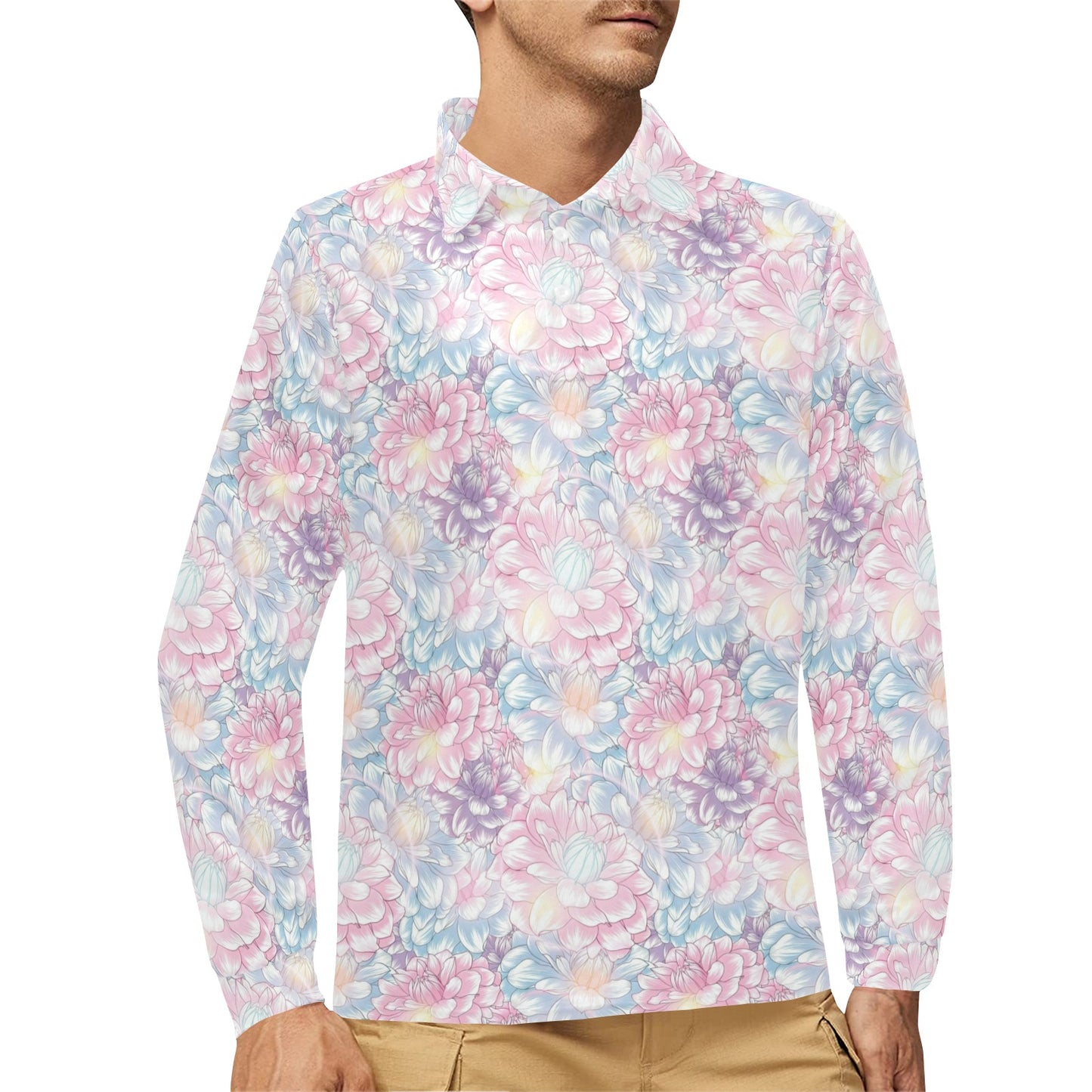 Dahlia Pattern Print Design 01 Long Sleeve Polo Shirt For Men's