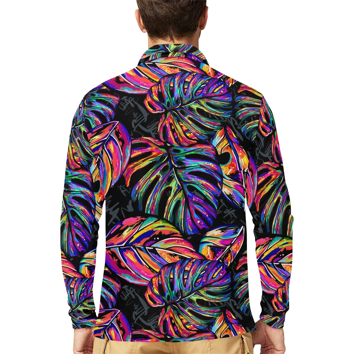 Neon Color Tropical Palm Leaves Long Sleeve Polo Shirt For Men's
