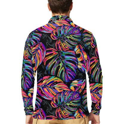 Neon Color Tropical Palm Leaves Long Sleeve Polo Shirt For Men's