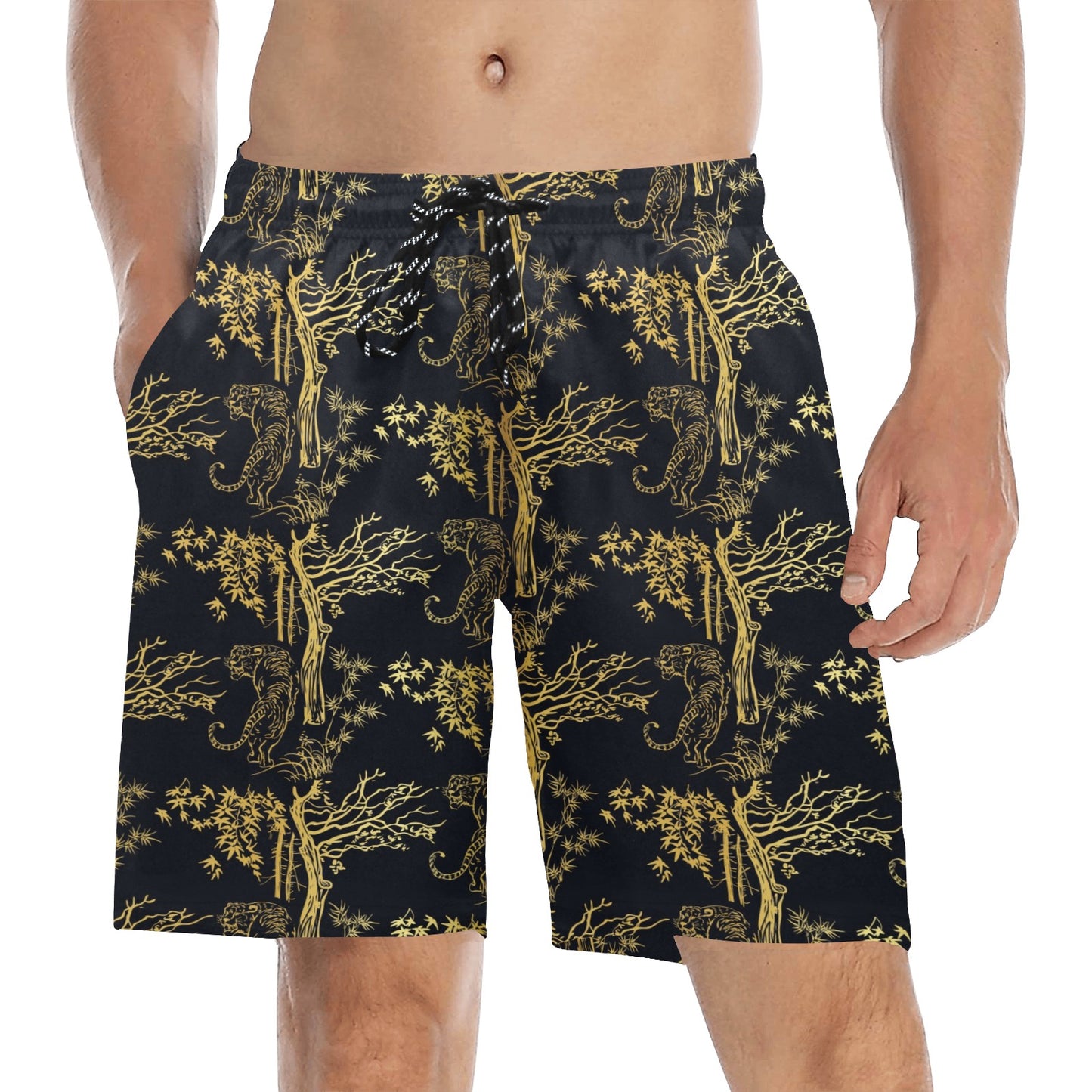 Tiger Gold Print Design LKS307 Men's Swim Trunks Beach Shorts