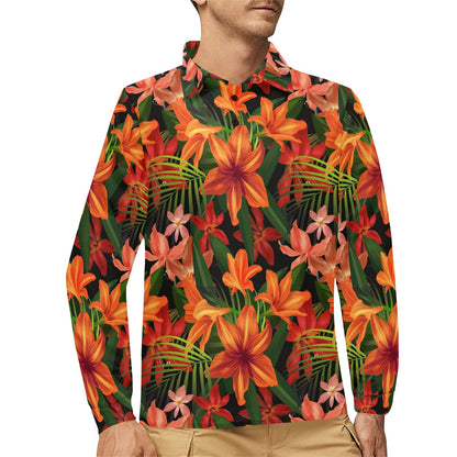 Amaryllis Pattern Print Design AL05 Long Sleeve Polo Shirt For Men's