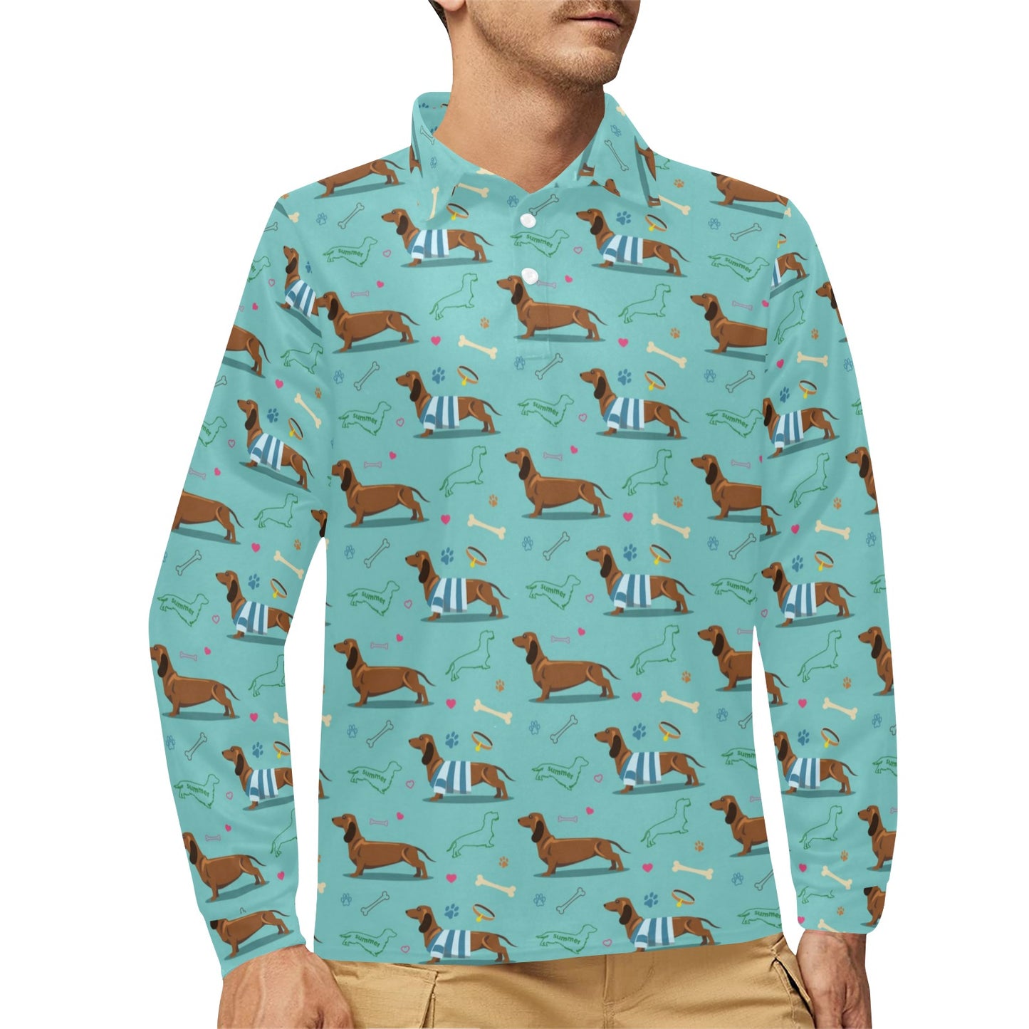 Dachshund Paw Decorative Print Pattern Long Sleeve Polo Shirt For Men's