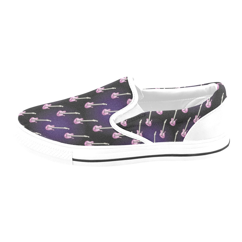 Electric Guitar Print Design LKS405 White Slip Ons Canvas Women's Shoes