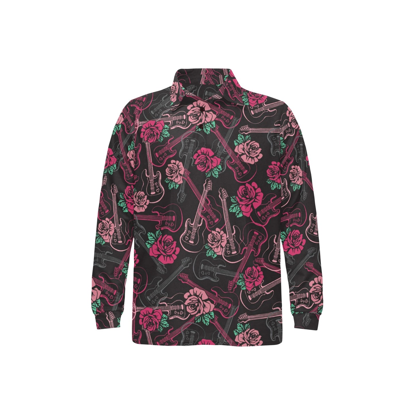 Bass Guitar Pink Rose Pattern Print Design 01 Long Sleeve Polo Shirt For Men's