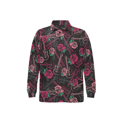 Bass Guitar Pink Rose Pattern Print Design 01 Long Sleeve Polo Shirt For Men's