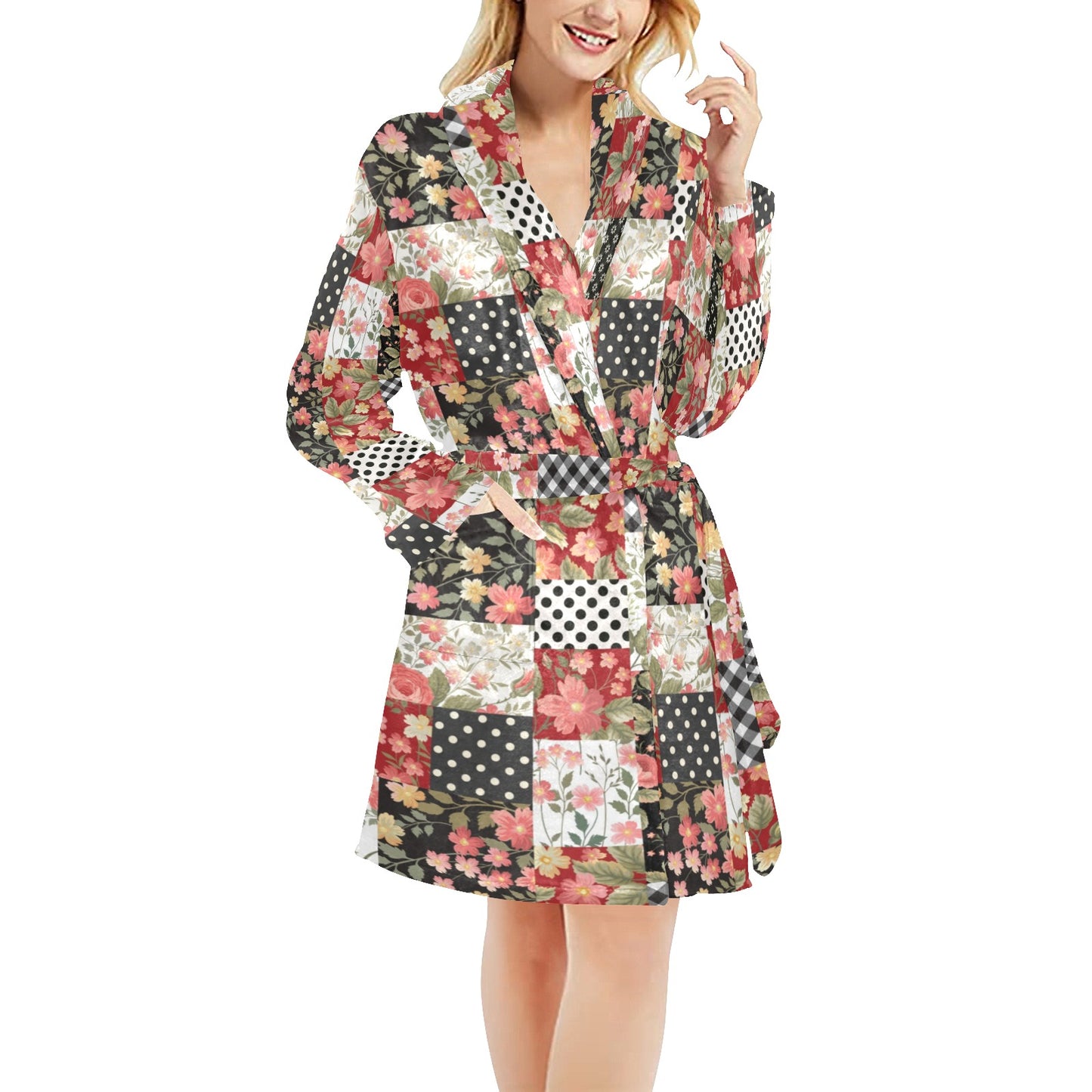 Patchwork Flower Pattern Print Design 03 Women's Fleece Robe