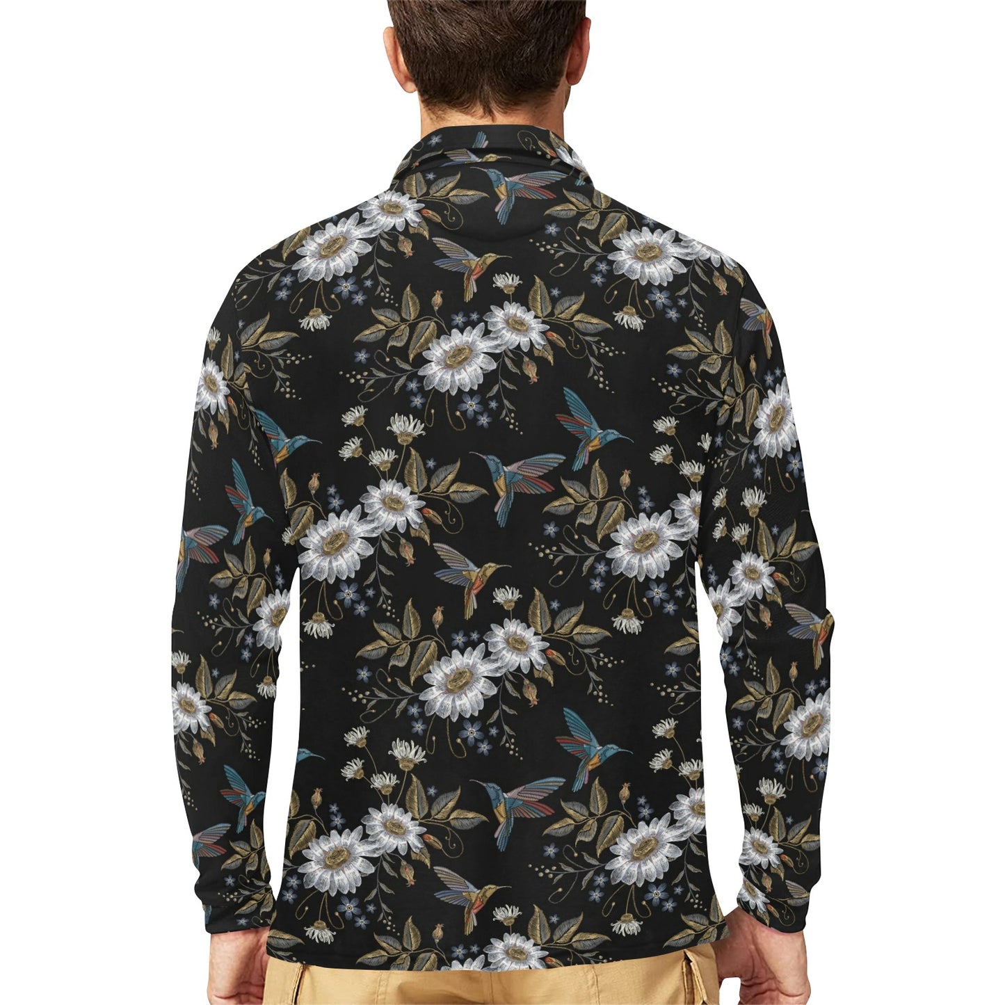 Hummingbird with Embroidery Themed Print Long Sleeve Polo Shirt For Men's