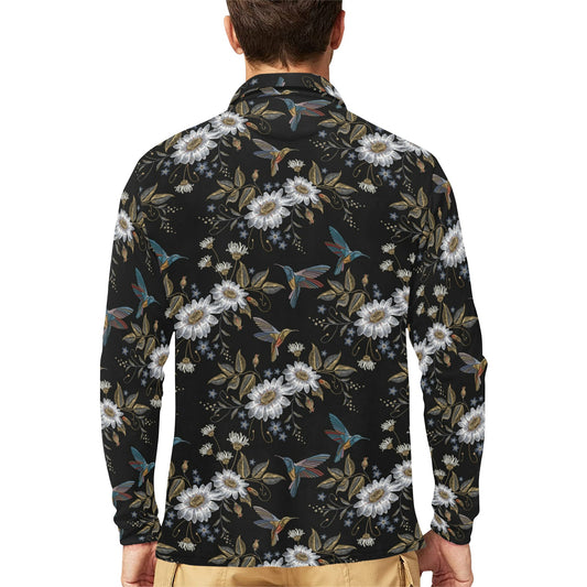 Hummingbird with Embroidery Themed Print Long Sleeve Polo Shirt For Men's