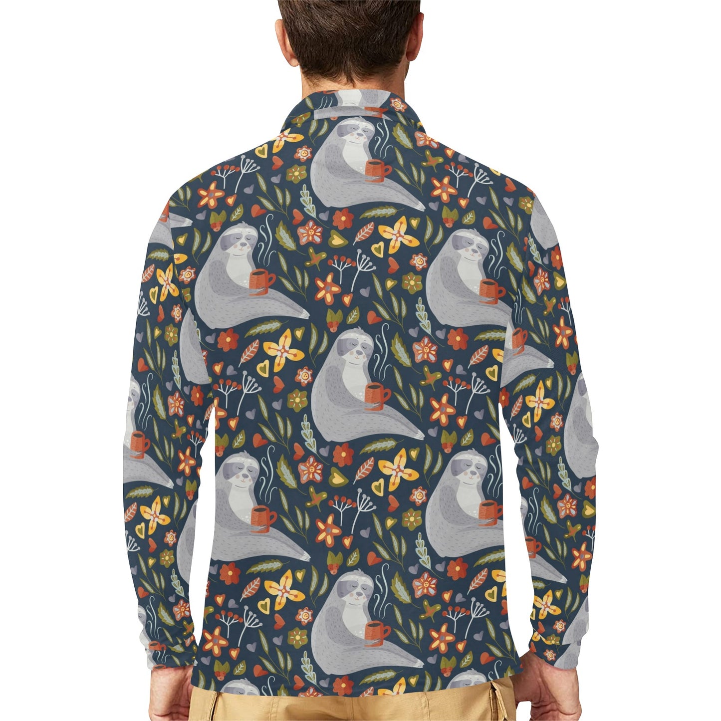 Sloth Print Design LKS303 Long Sleeve Polo Shirt For Men's