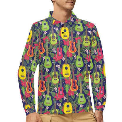Ukulele Tropical Pattern Print Design 03 Long Sleeve Polo Shirt For Men's