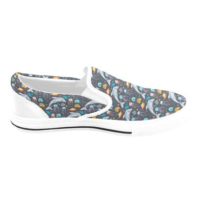 Underwater Dolphin Print Design LKS304 White Slip Ons Canvas Women's Shoes