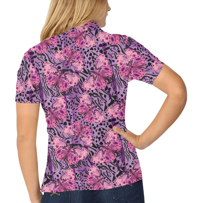 Purple Butterfly Leopard Women's Polo Shirt