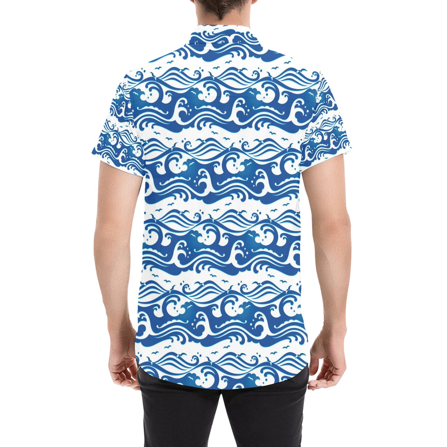 Wave Print Design LKS303 Men Short Sleeve Button Up Shirt